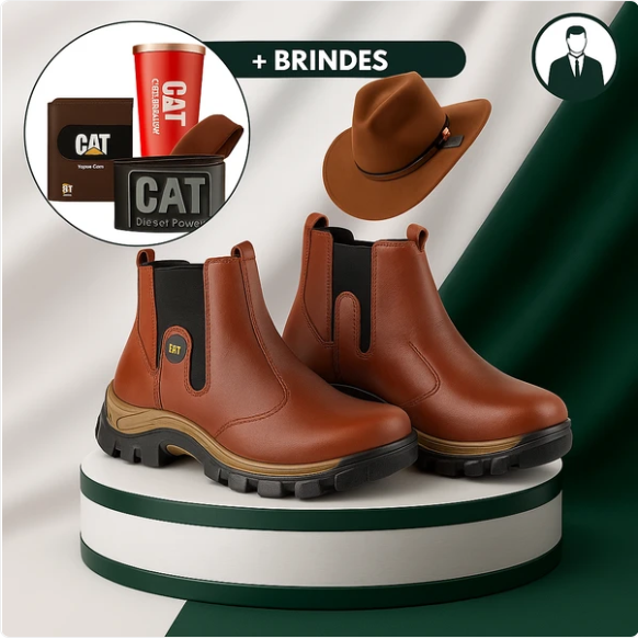 Kit Bota Masculina Adventure em Couro Legítimo e Palmilha Ortopédica +BRINDES: Chapéu, Cinto, Carteira e Copo